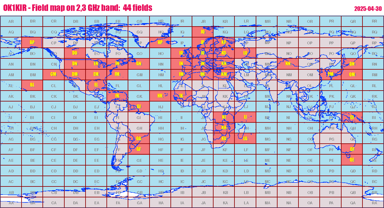 World map: OK1KIR - Field map on 2,3 GHz band:  44 fields