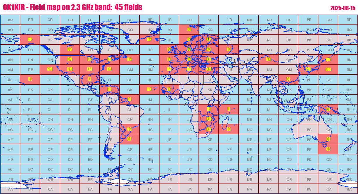 World map: OK1KIR - Field map on 2.3 GHz band:  45 fields