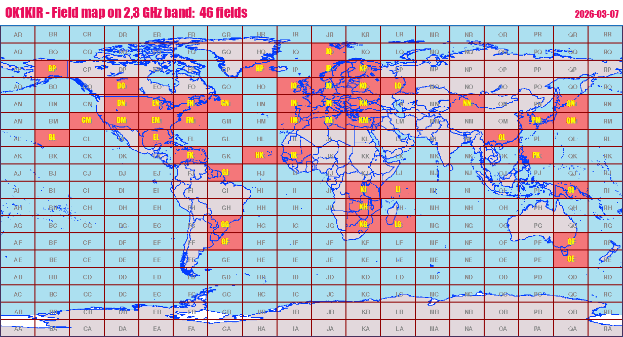 World map: OK1KIR - Field map on 2,3 GHz band:  46 fields