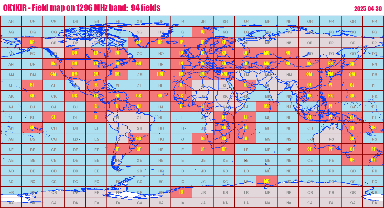 World map: OK1KIR - Field map on 1296 MHz band:  94 fields