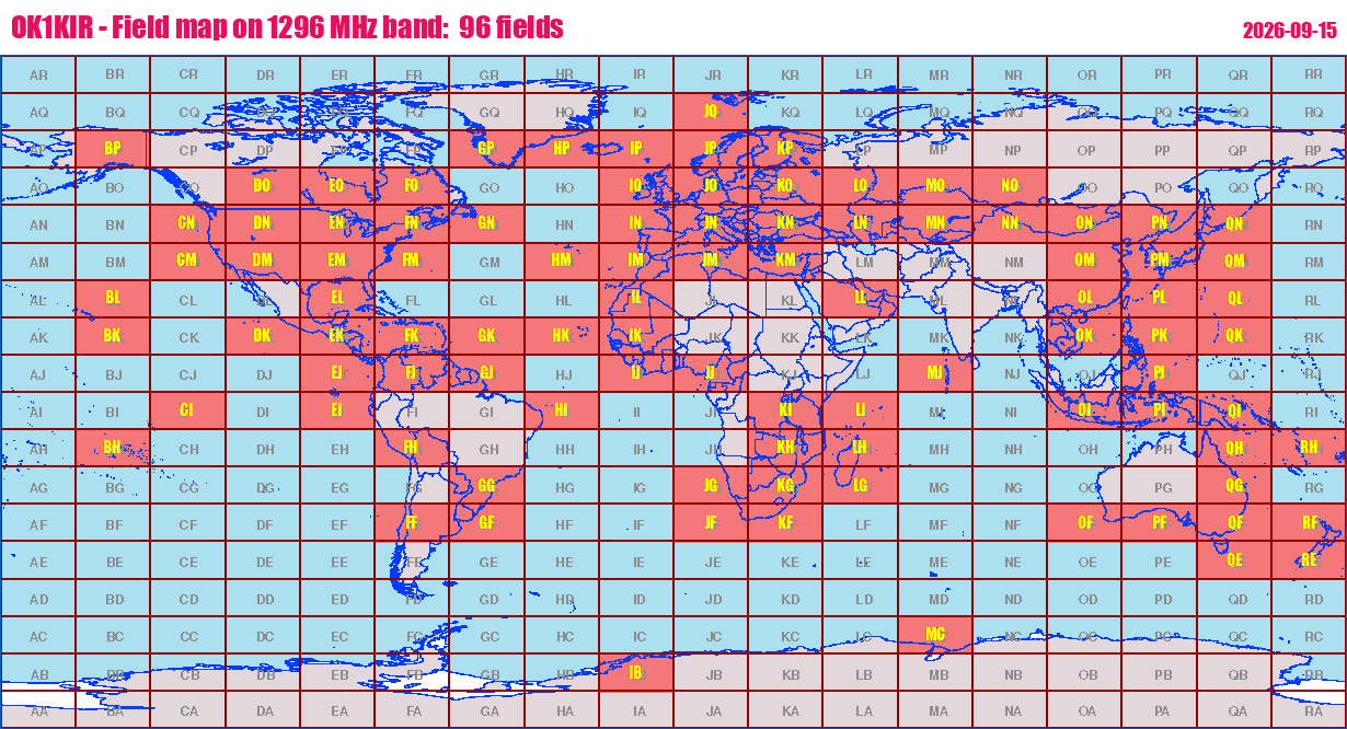 World map: OK1KIR - Field map on 1296 MHz band:  96 fields