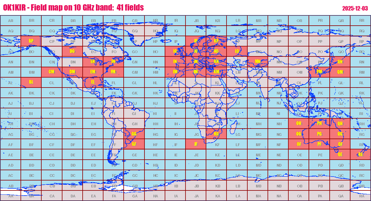 World map: OK1KIR - Field map on 10 GHz band:  41 fields