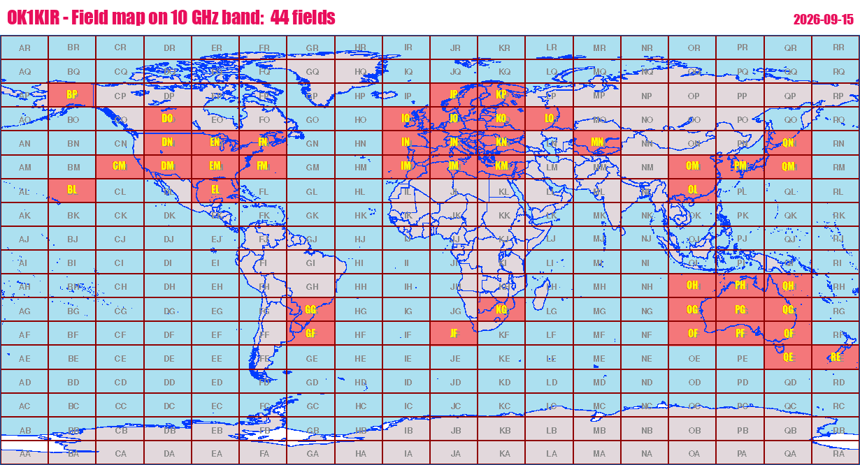 World map: OK1KIR - Field map on 10 GHz band:  44 fields