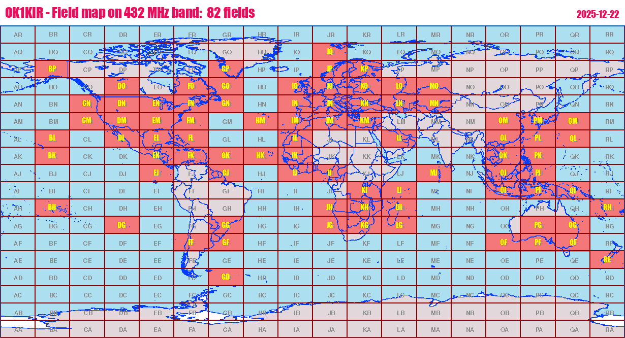 World map: OK1KIR - Field map on 432 MHz band:  82 fields
