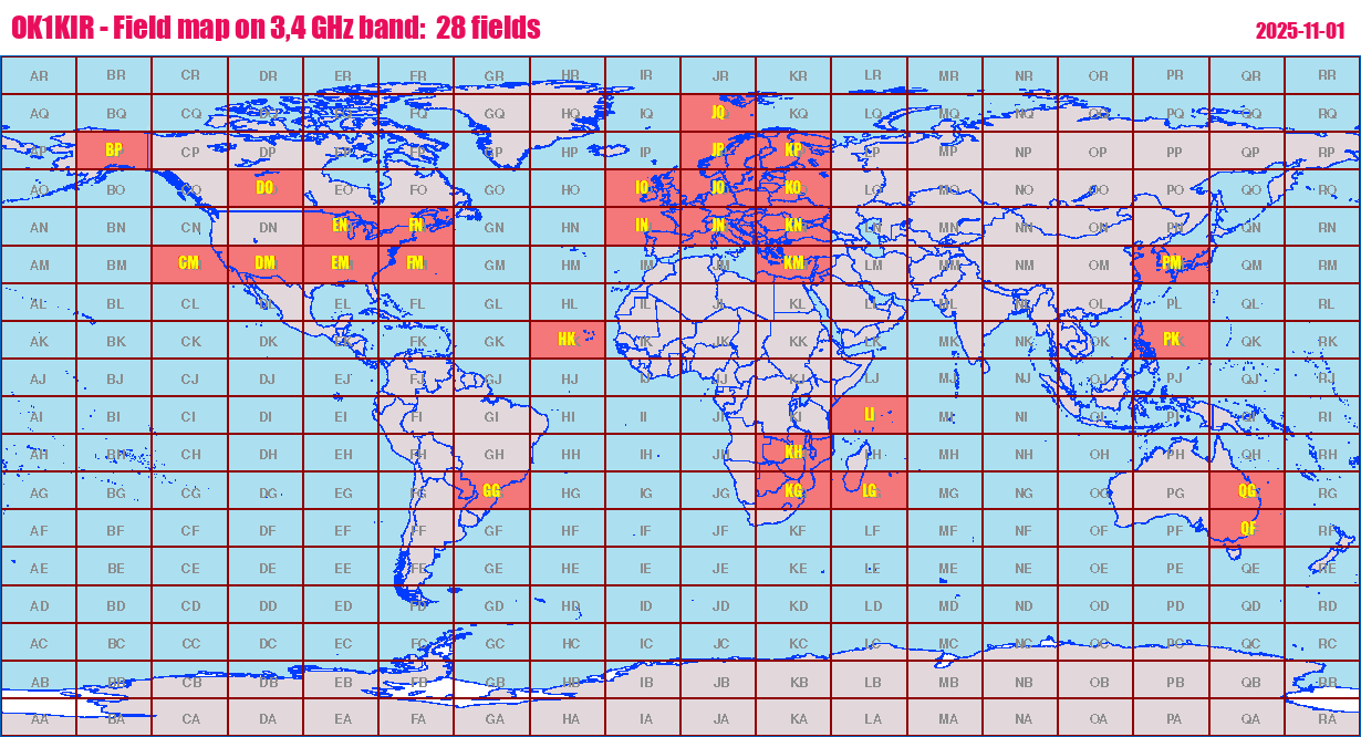 World map: OK1KIR - Field map on 3,4 GHz band:  28 fields