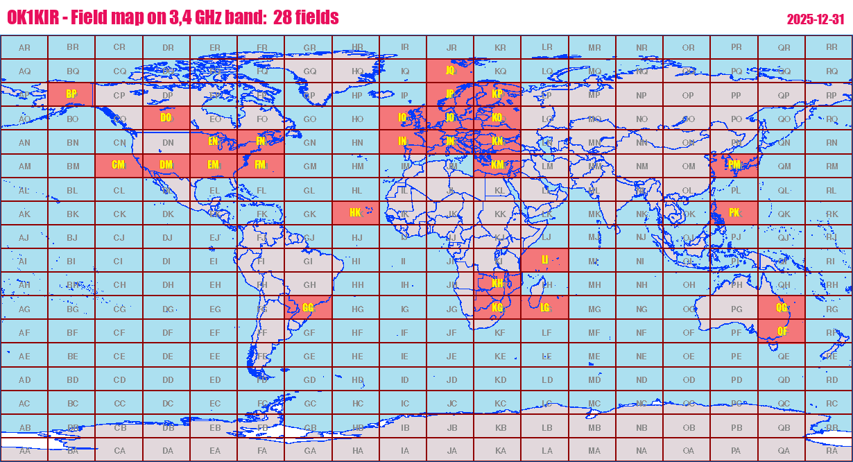 World map: OK1KIR - Field map on 3,4 GHz band:  28 fields