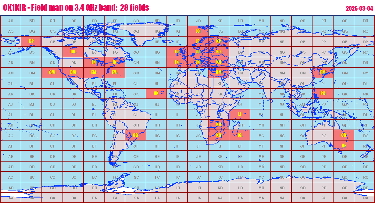 World map: OK1KIR - Field map on 3,4 GHz band:  28 fields